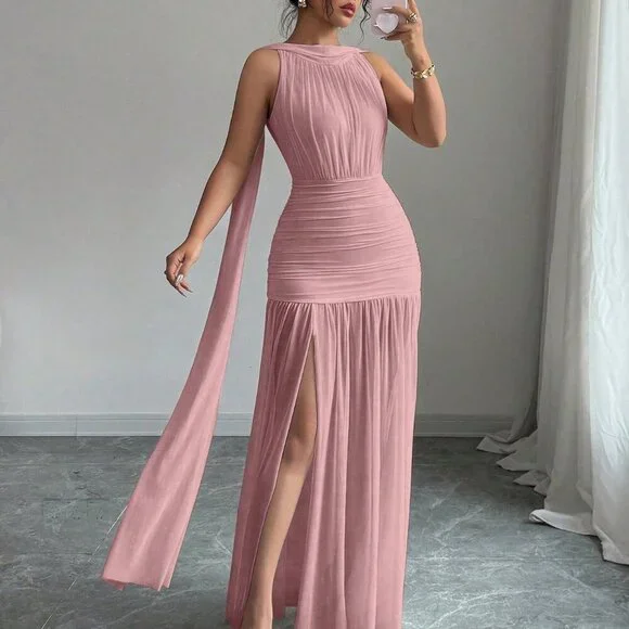 Pink Casual Women's Elegant Backless Pleated Slit Dress - Picture 3 of 6